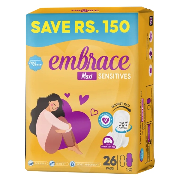 Embrace Sensitive Maxi Pads Value Pack Extra Long 26 Pieces Rs.150/- Off 100g