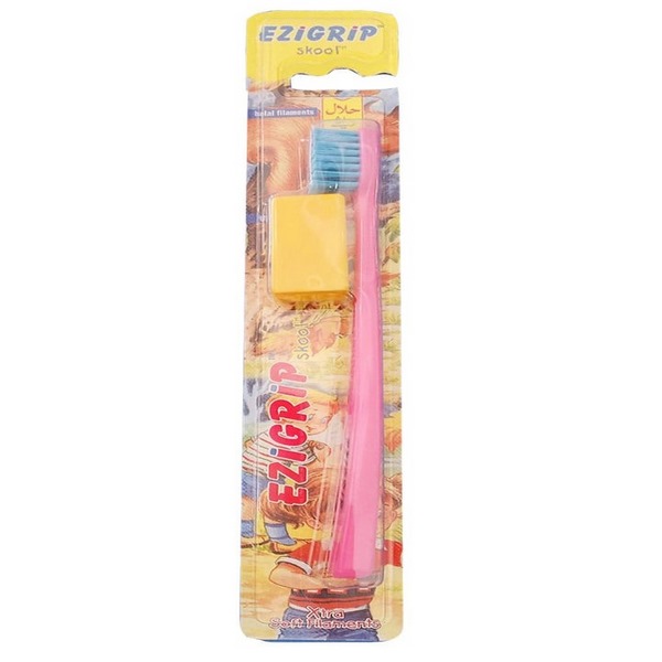Ezigrip Skool Xtra Soft Filament Toothbrush Yellow & Pink 1 Piece